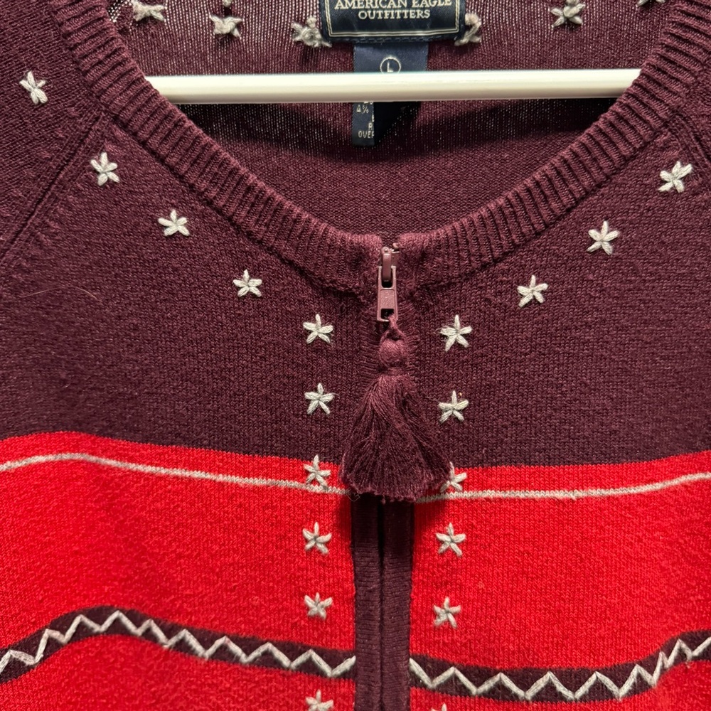 American Eagle Cardigan Sweater maroon/Red full zipper Southwestern, size L - Picture 2 of 5